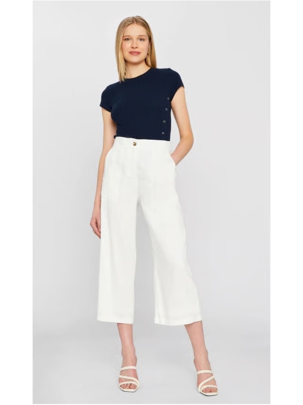 Club Monaco Navy & White Cropped Wide-Leg Trousers